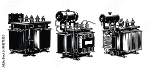 Industrial power transformer station equipment machinery set vector illustration.