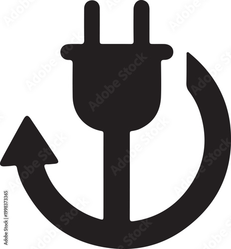 A minimalist black icon featuring an electrical power plug centered within a curved arrow, symbolizing renewable energy or recharging processes.