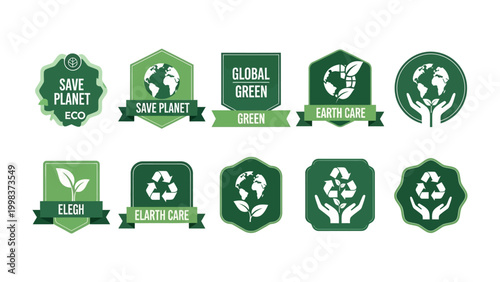 Eco-Friendly Emblems: A collection of vibrant green emblems championing environmental sustainability, earth care, and global green initiatives.
