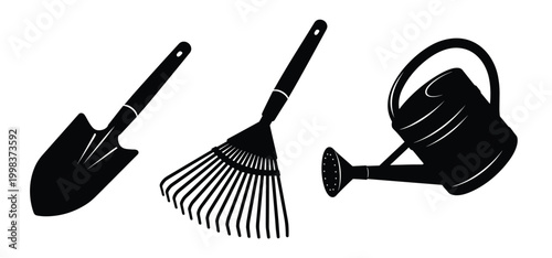Gardening tools set vector silhouette: shovel rake and watering can on transparent.