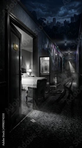 A surreal black and white vertical shot of an open hotel room door leading into a dark, mysterious hallway with a city skyline and stormy sky above