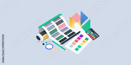 color swatch book with magnifying glass and pencil