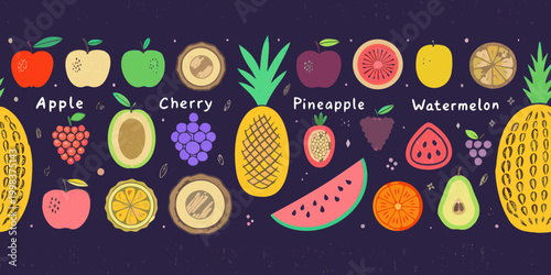 illustration of various fruits on dark background