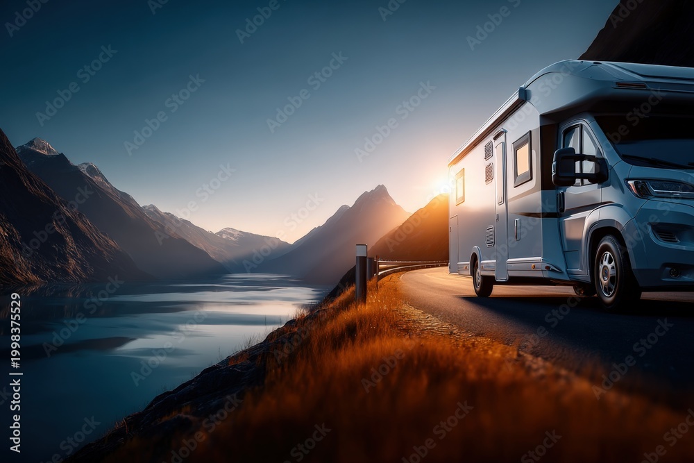 Obraz premium Modern RV motorhome traveling on scenic coastal highway at sunset with majestic mountains and tranquil lake