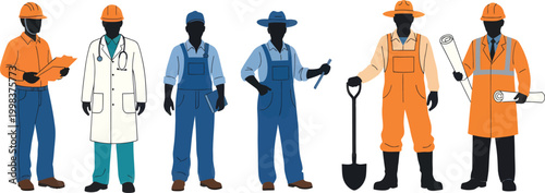 Set of Professional Worker Silhouettes Including Doctor Engineer Farmer and Construction Personnel in Flat Vector Illustration Style