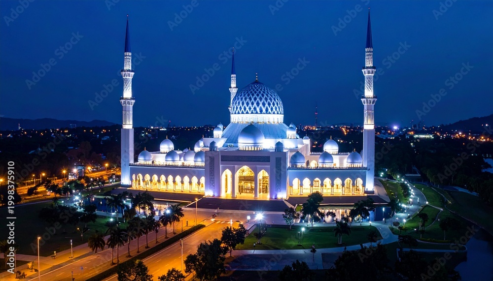 Fototapeta premium A large mosque lit up at night.