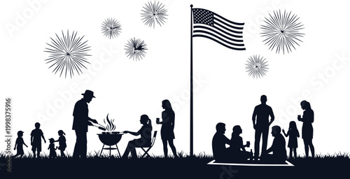 Silhouette of a family having a barbecue picnic outdoors with fireworks and a national flag background