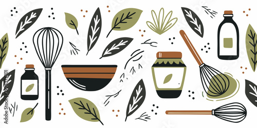 matcha tea culture elements with whisk bowl and jars