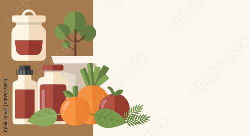 This flat vector illustration features glass jars of preserves alongside fresh produce and a small potted tree on a minimalist split background.