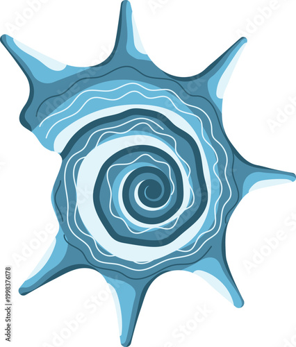 Blue spiky seashell with spiral pattern and long thorns marine shell isolated