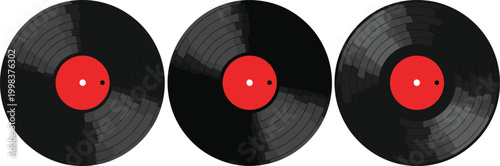 Vinyl record discs set with red labels, retro music collection illustration for audio entertainment and classic sound design