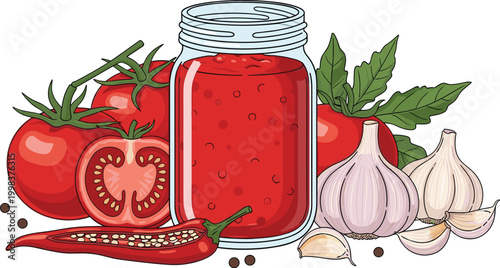 Tomato sauce jar with fresh tomatoes garlic and chili pepper, homemade ketchup ingredients illustration for cooking and food design