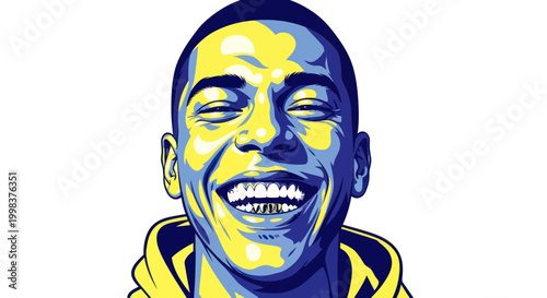 Young Man Laughing Joyfully, Vibrant Pop Art Portrait, Expressive Face