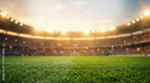 Stadium View: A vibrant, expansive stadium bathed in a warm, inviting glow, beckoning sports enthusiasts to a thrilling experience.