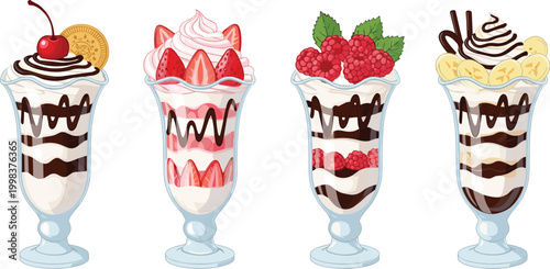 Ice cream sundae desserts set with chocolate strawberry banana and raspberry flavors, delicious sweet treats illustration collection