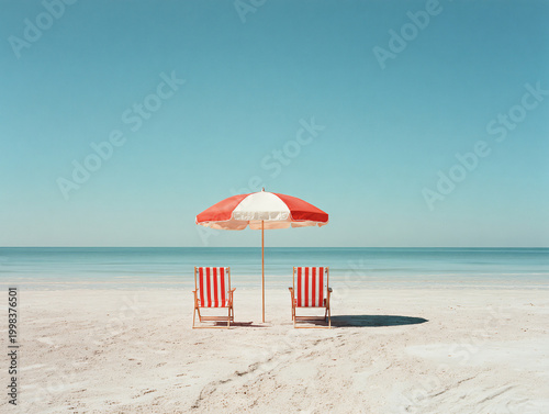 beach chairs under umbrella on sandy beach with clear blue sky high quality professional detailed modern