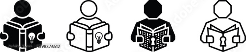 Person reading book icon set with creative idea bulb and keyhole symbols, education and knowledge concept vector illustration on transparent background