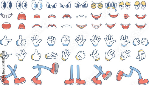 Retro cartoon character creator kit with eyes, mouths, gloved hands and walking legs, vintage mascot animation elements on transparent background