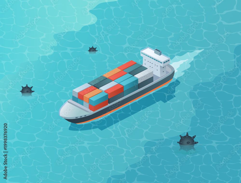 Fototapeta premium Isometric cargoship vector illustration and danger