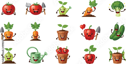 Cute Kawaii Garden Vegetable Vector Set with Smiling Tomatoes, Carrots, Peppers, Broccoli, Cucumbers, and Watering Can Characters for Kids, Education, and Digital Designs
