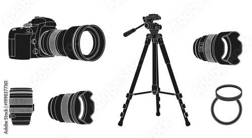 Photography Equipment Set: DSLR Camera, Lenses, Tripod, Accessories - Black and White Illustration
