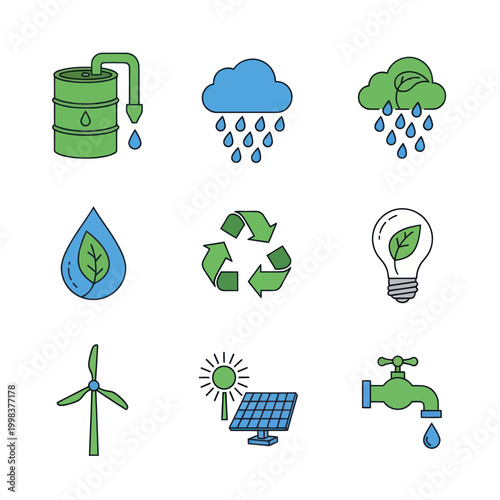 Eco-friendly icons: water, energy, recycling, sustainability, environment