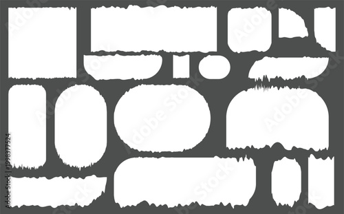 Set of paper frames with jagged edges. White and black square and rectangle torn paper sheet collection. ticker mockup, text box, label design. vector illustration
