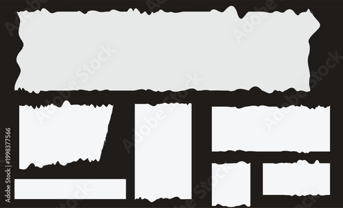 Set of paper frames with jagged edges. White and black square and rectangle torn paper sheet collection. ticker mockup, text box, label design. vector illustration
