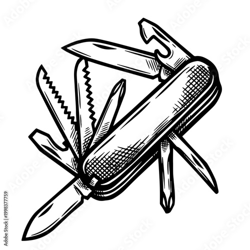 Woodcut style vector illustration of a multi-tool pocket knife with various blades and tools extended, rendered in black and white.