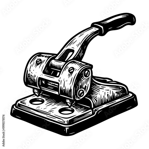 Vintage style vector illustration of a hole punch in woodcut style, isolated on white background.