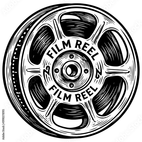 Woodcut style vector illustration of a film reel with text film reel, black and white, filmstrip design, cinematic symbol. Vector graphic design element for movie, cinema, and film production.
