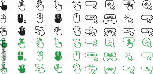 Click cursor set button with hand pointer clicking. Click here web button sign. Isolated website buy or register bar icon with hand finger arrow clicking cursor – stock vector