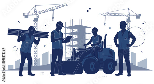 Monochrome silhouette illustration of construction workers with heavy machinery at building site. Team of laborers managing heavy equipment for urban development project in blue color style.
