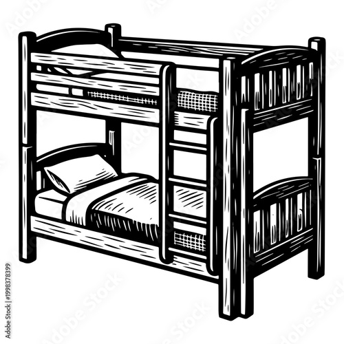 Woodcut style vector illustration of a bunk bed with ladder and mattress, isolated on white background, reminiscent of traditional woodblock printing techniques.