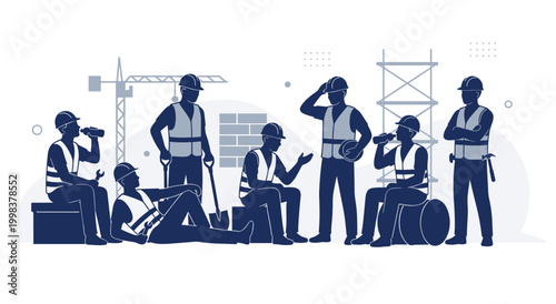 Blue monochromatic silhouette scene of construction team resting on site. Group of builders sitting drinking water or tools in hands during break time from heavy manual labor tasks.