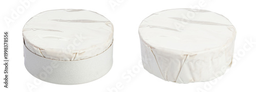 wo round camembert or brie cheese heads in white paper packaging isolated on white