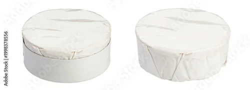 Obraz  z motywem wo round camembert or brie cheese heads in white paper packaging isolated on white