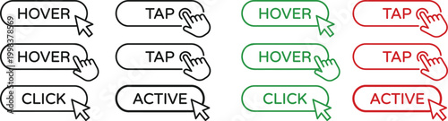 Click cursor set button with hand pointer clicking. Click here web button sign. Isolated website buy or register bar icon with hand finger arrow clicking cursor – stock vector