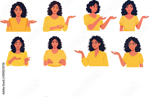 Set of Sad Hispanic Female Characters, Unhappy Expressions and Disappointed Gestures
Young Latina Woman Feeling Sad and Helpless, Flat Vector Illustration Character Bundle