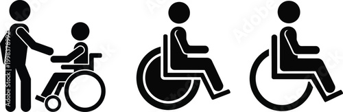 Accessibility icons standing walking with crutches and wheelchair users silhouette