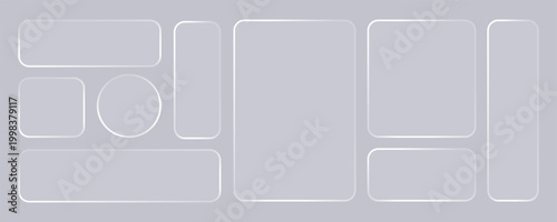 Glass liquid ui button set with transparent 3d effect - rectangle frame box elements in various sizes and proportions, glossy morphism style borders for modern interface design on light background.
