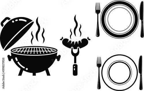 Barbecue silhouette icons grill utensils and plates for summer cooking