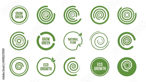 Eco-Spirals: A collection of green spiral symbols evoke a sense of organic movement and growth, emphasizing themes of environmental consciousness, and natural design.
