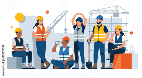 Group of professional construction workers taking short break and drinking water at site. Team of engineers and laborers relaxing together with tools and equipment near building frames.