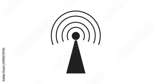 Black communication antenna tower emitting radio waves, symbolizing wireless connectivity and broadcast on an isolated white background.