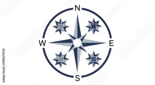 Detailed compass rose symbol indicating cardinal directions North, East, South, West, on an isolated white background.