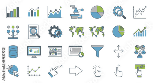 Comprehensive collection of business and data analysis icons for reports and presentations on an isolated white background.