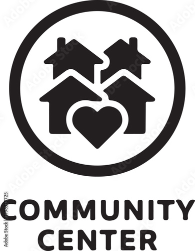 A bold black-and-white icon featuring a circle containing four interconnected house silhouettes and a central heart, representing a community center.