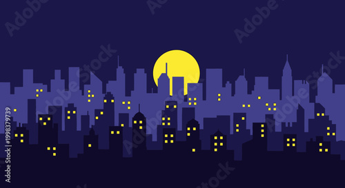 Cartoon City Skyline at Night with Full Moon and Lit Windows