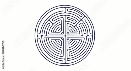 Circular Maze Labyrinth Blue Pattern on Isolated White Background